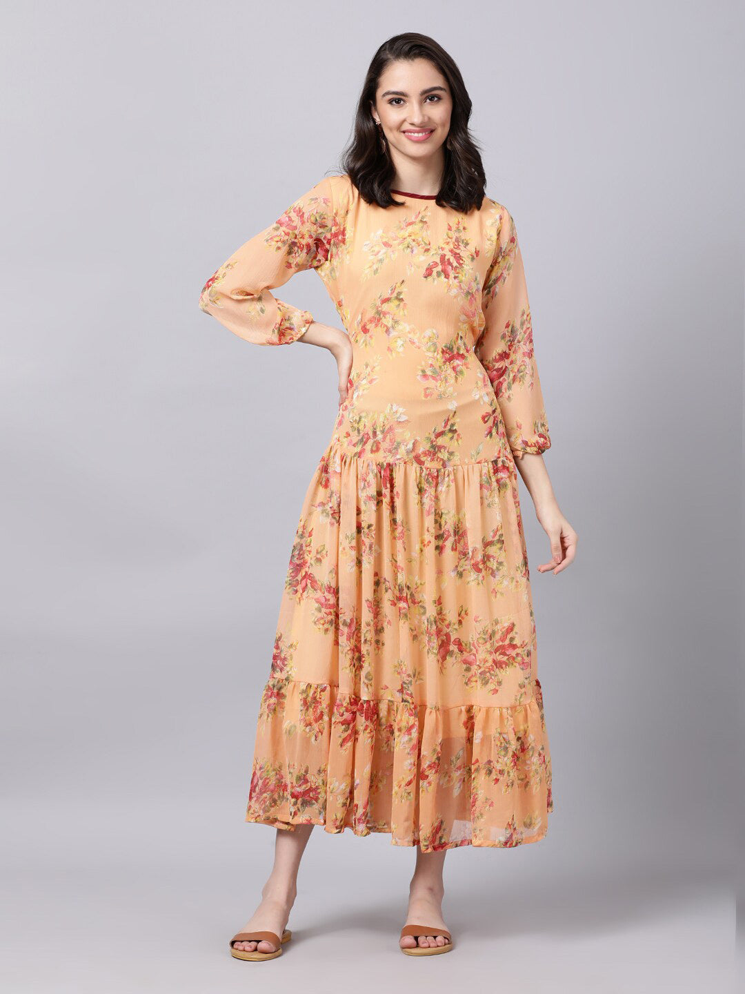 Souchii Floral Printed Boat Neck A-Line Maxi Dress | Grocsy