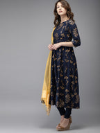 HERE&NOW Women Navy Blue & Gold-Toned Printed Kurta with Churidar & Dupatta | Grocsy