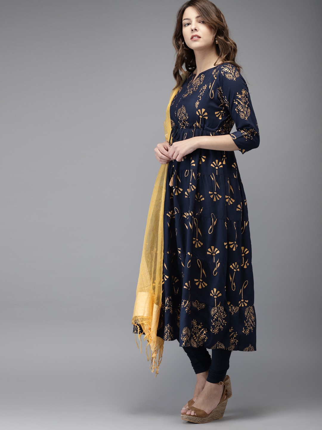 HERE&NOW Women Navy Blue & Gold-Toned Printed Kurta with Churidar & Dupatta | Grocsy