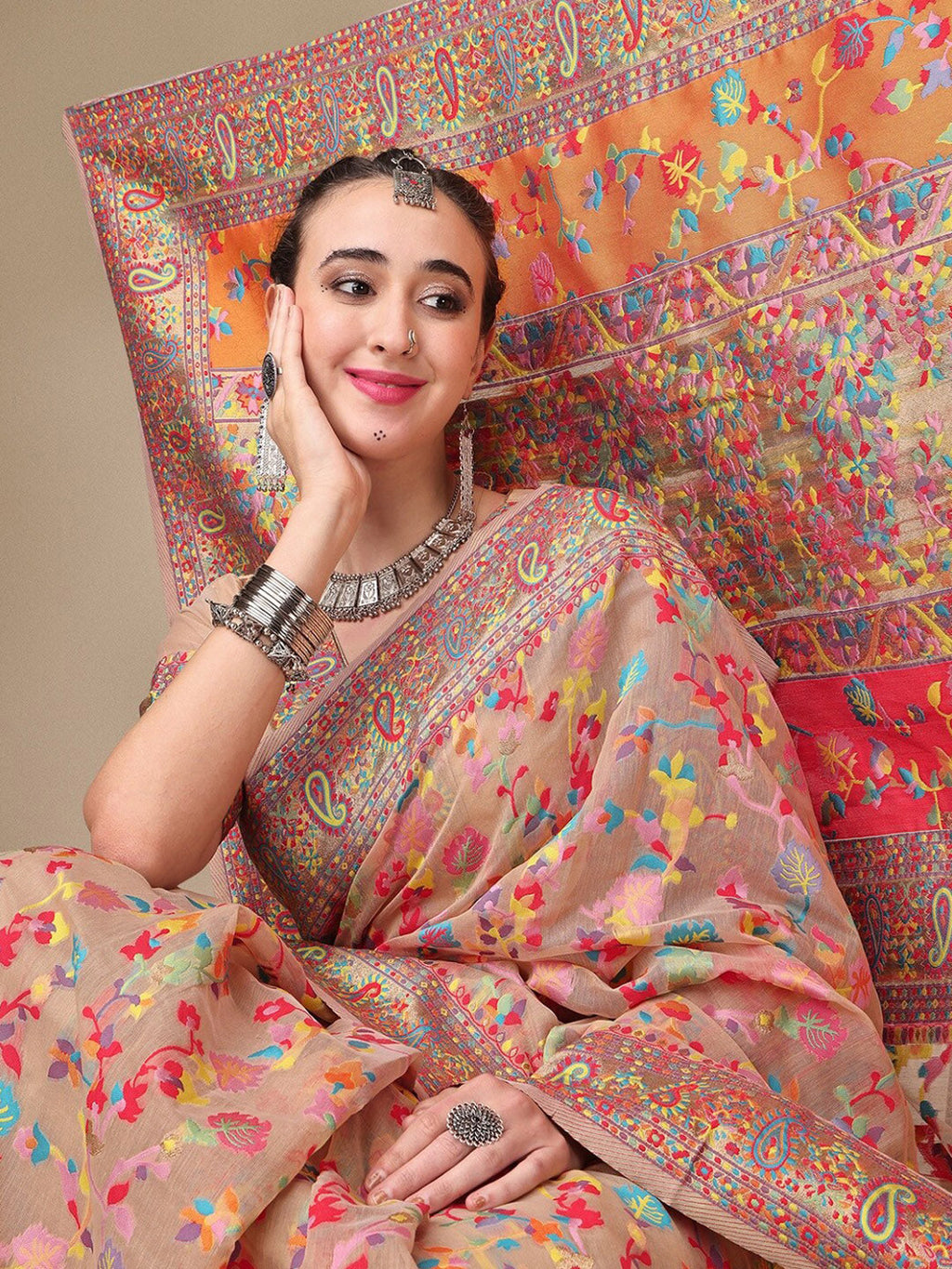 Sangria Beige & Orange Floral Woven Design Pure Silk Saree | Grocsy