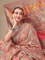 Sangria Beige & Orange Floral Woven Design Pure Silk Saree | Grocsy