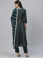 HERE&NOW Women Green Floral Embroidered Empire Kurta with Trousers & With Dupatta | Grocsy