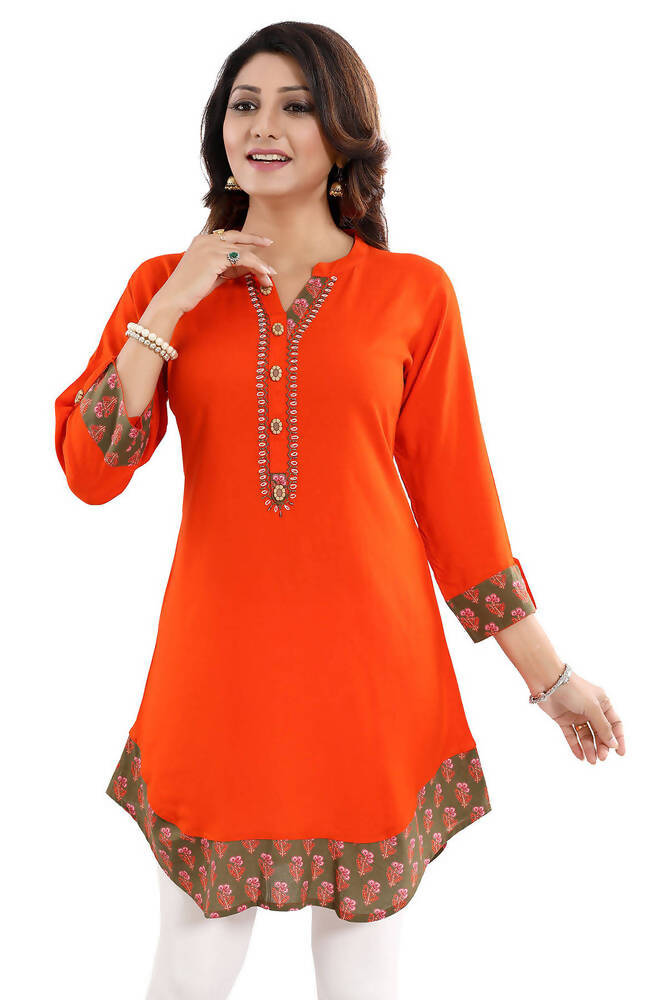 Snehal Creations Rayon Designer Embroidery Orange Tunic | Grocsy