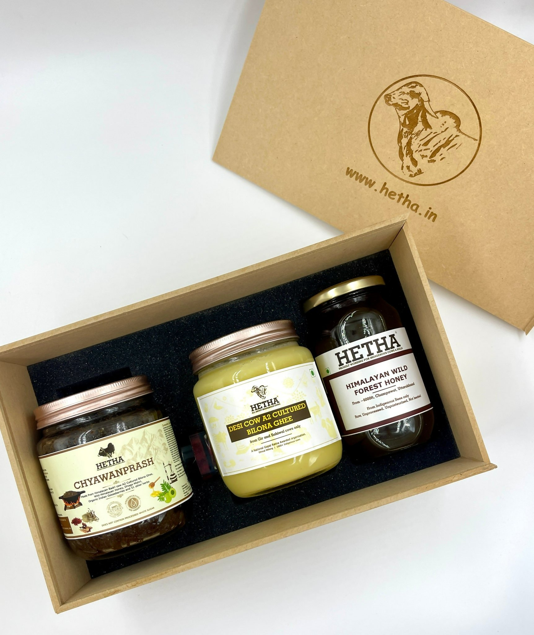 Hetha Gift Box with Desi Cow A2 Cultured Bilona Ghee, Chyawanprash, Honey & Lip Balm | Grocsy