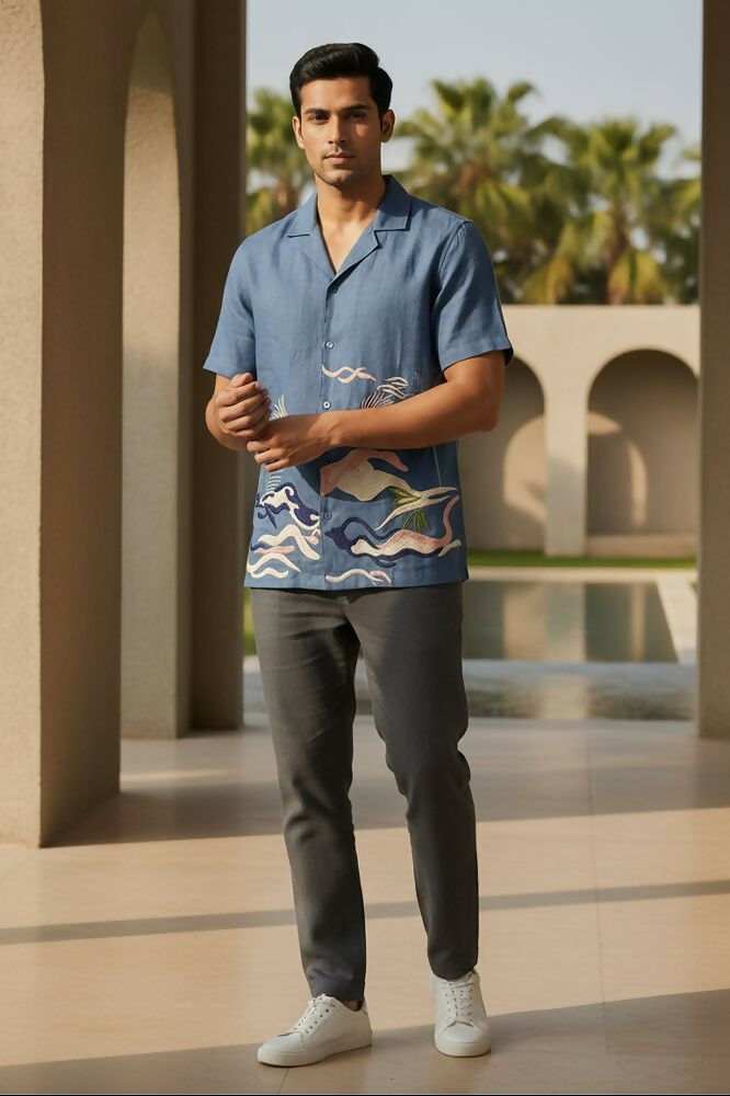 Mirage — Deep Blue Embroidered Linen Shirt by Hilo Design | Grocsy