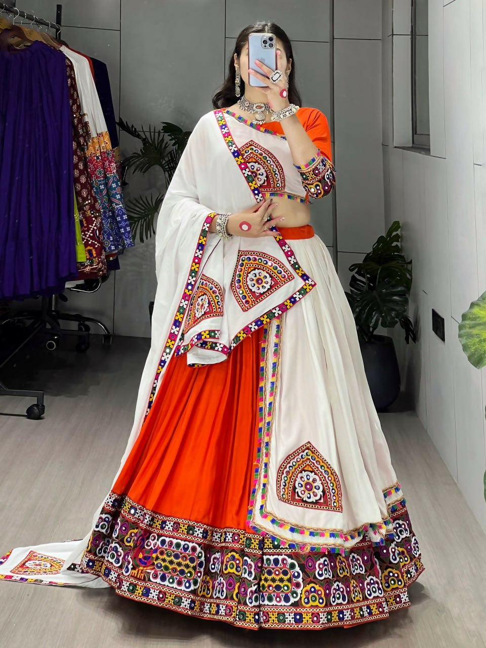 Yash Enterprise Orange Rayon Cotton Embroidery Semi Stitched Navratri Top Chaniya Choli | Grocsy