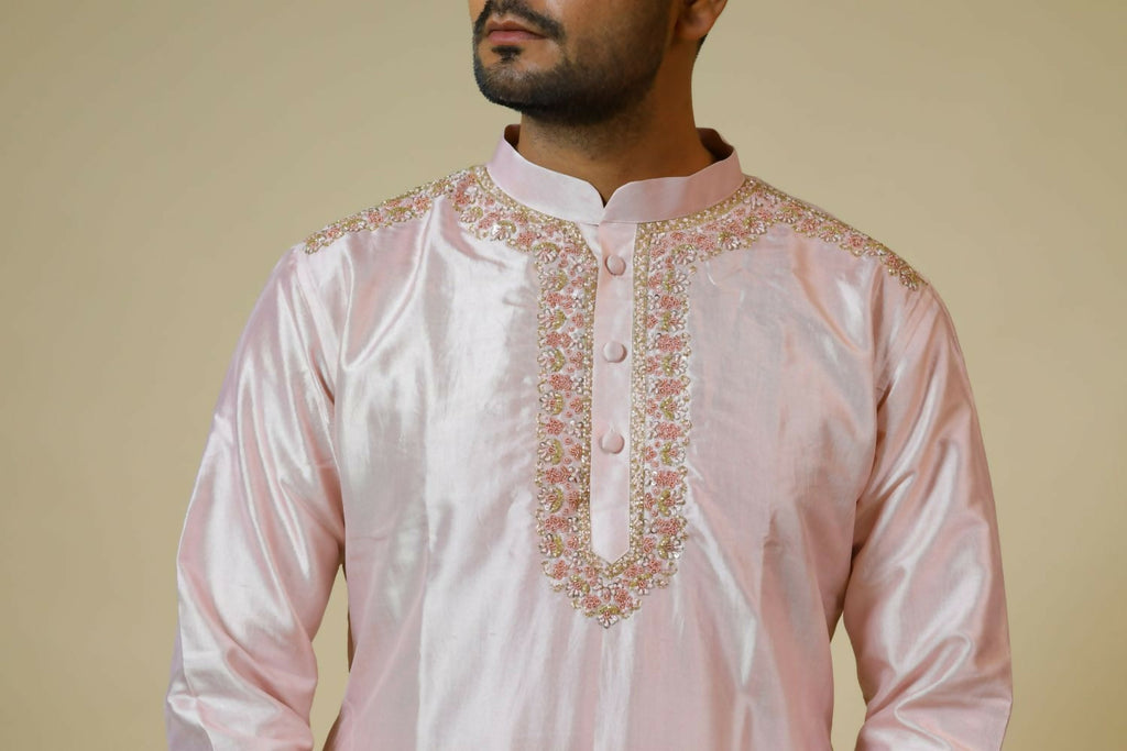 Light Coral Embroidered Collar Designer Kurta by Hilo Design | Grocsy