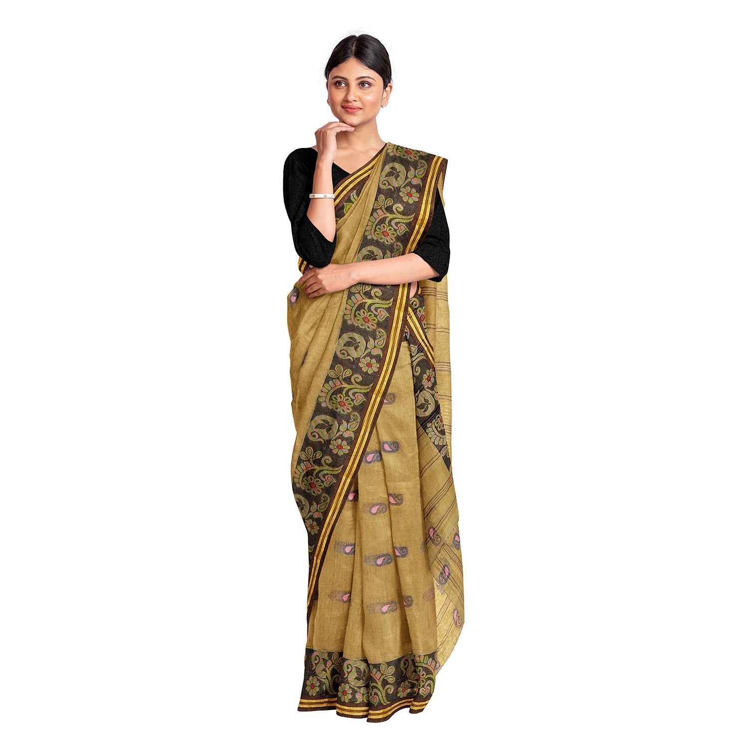 Exclusive Collection 100% Pure Cotton Dark Mustard Tant Saree With Hand Weaving Work | Grocsy