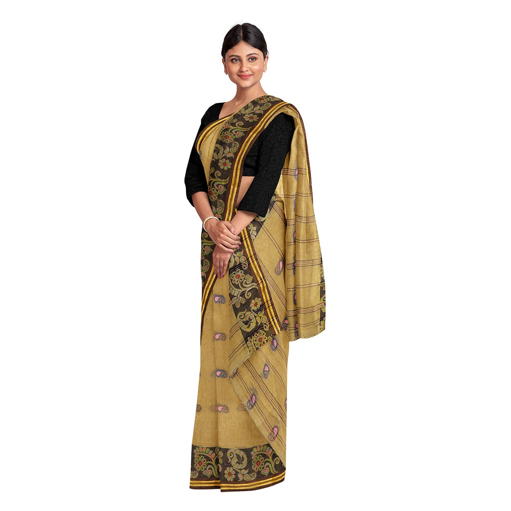Exclusive Collection 100% Pure Cotton Dark Mustard Tant Saree With Hand Weaving Work | Grocsy