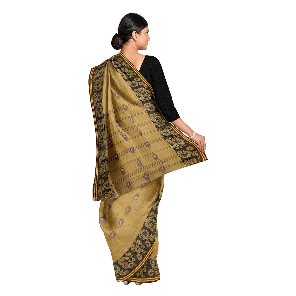 Exclusive Collection 100% Pure Cotton Dark Mustard Tant Saree With Hand Weaving Work | Grocsy