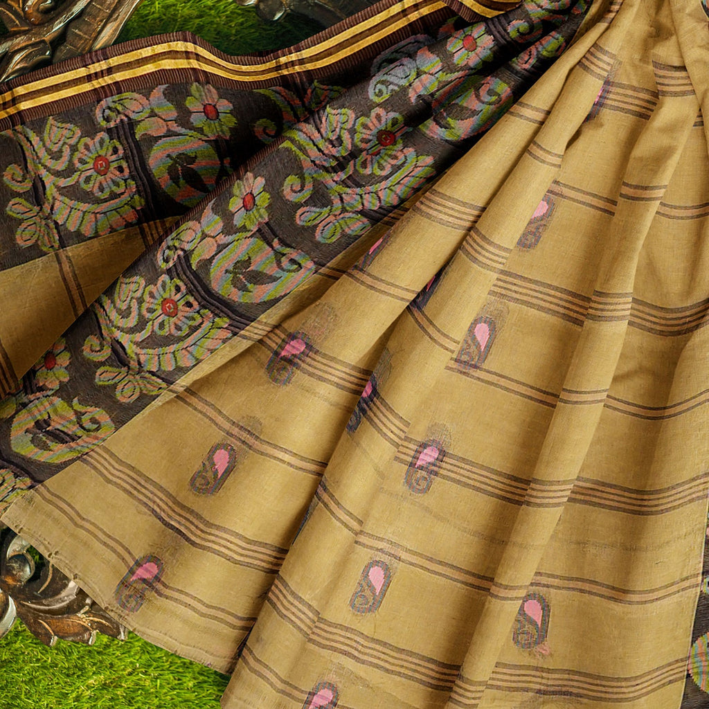 Exclusive Collection 100% Pure Cotton Dark Mustard Tant Saree With Hand Weaving Work | Grocsy