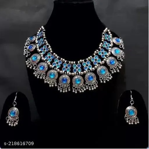Tehzeeb Creations Women's Silver Colour Oxidised Necklace Set With Meenakari Work - Swadesiicart