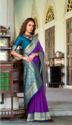 Anaita Violet Soft Silk Zari Weaving Saree With Blouse Piece | Grocsy