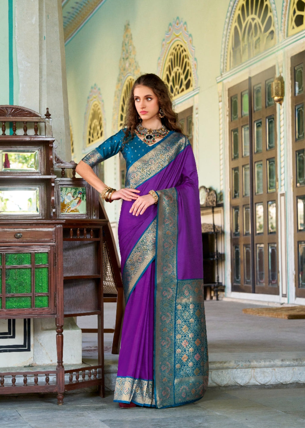 Anaita Violet Soft Silk Zari Weaving Saree With Blouse Piece | Grocsy