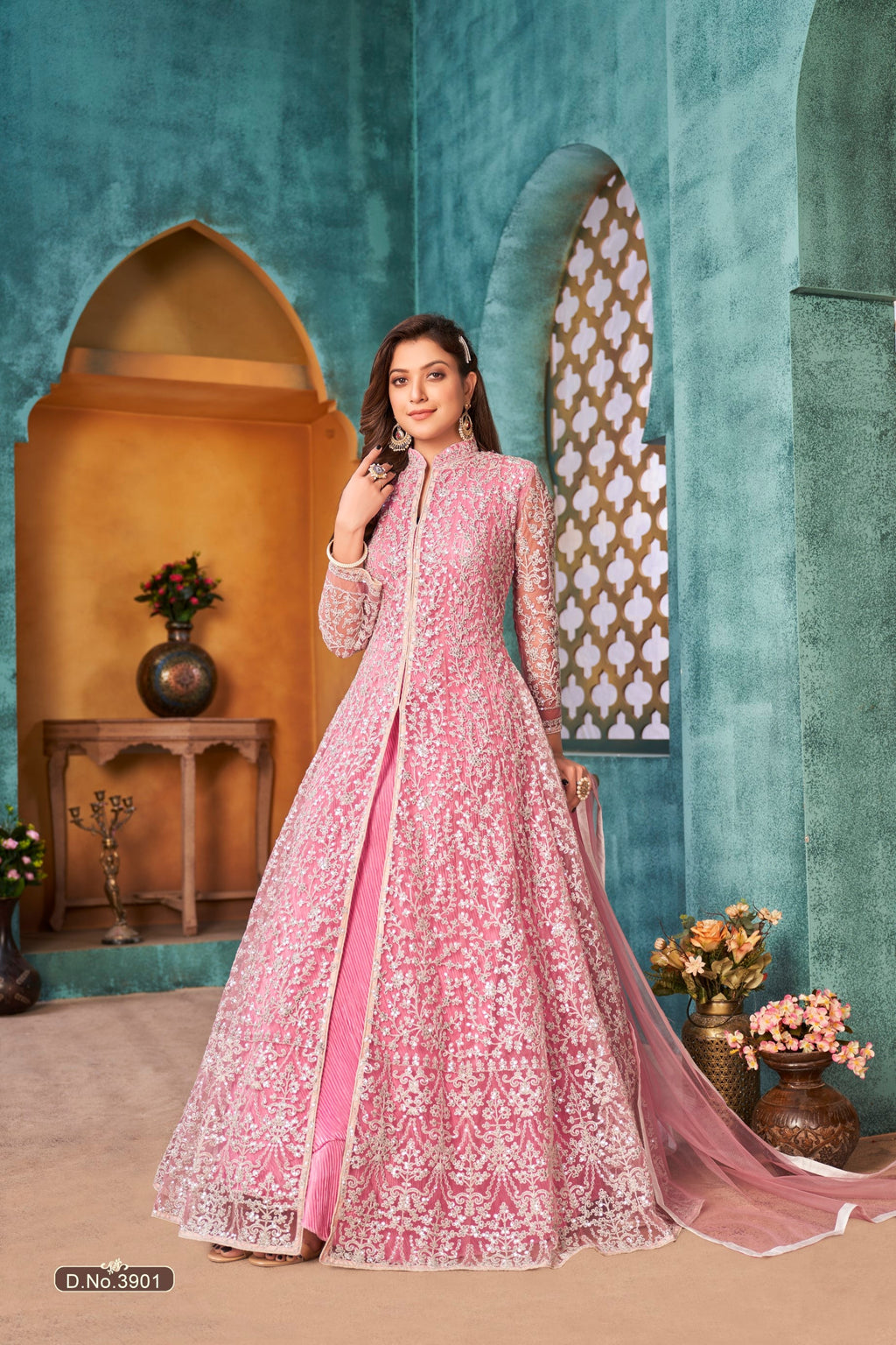 Anaita Pink Embroidered Net Anarkali Suit | Grocsy