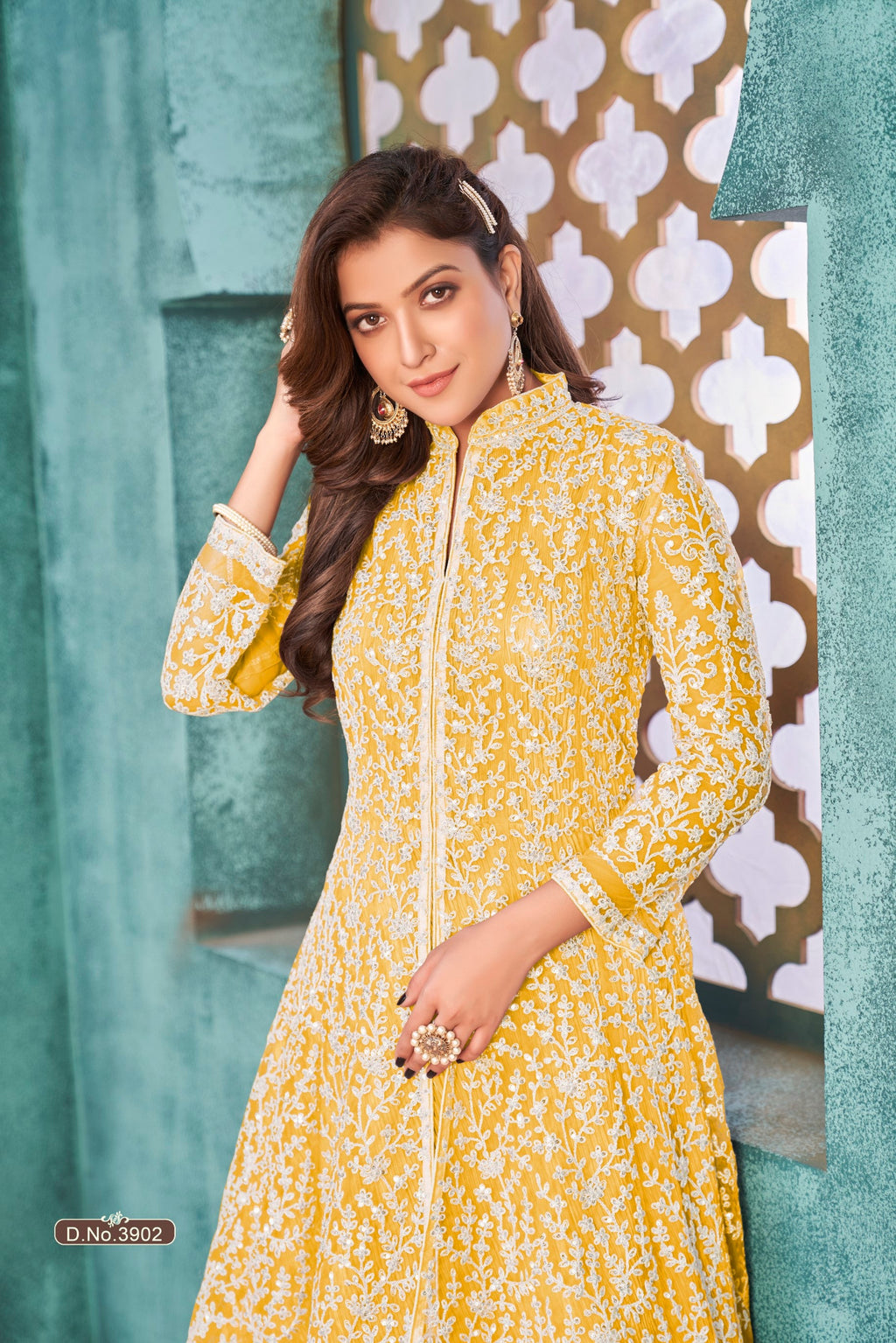 Anaita Yellow Embroidered Net Anarkali Suit | Grocsy