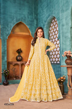 Anaita Yellow Embroidered Net Anarkali Suit | Grocsy