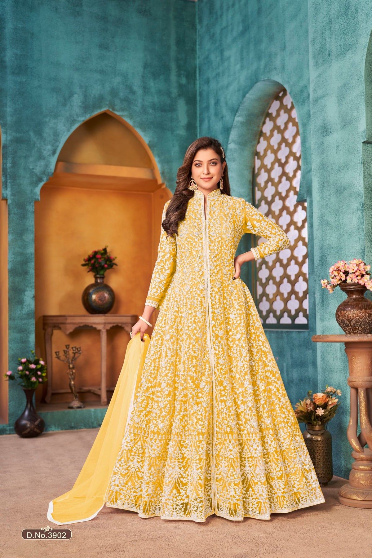 Anaita Yellow Embroidered Net Anarkali Suit | Grocsy