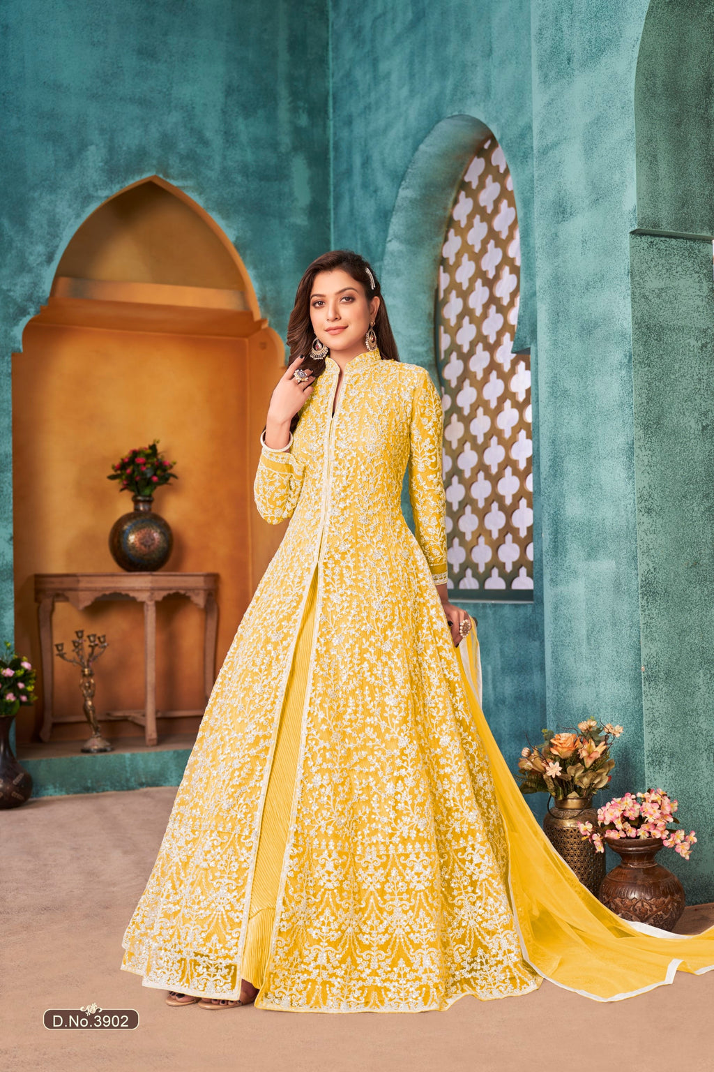 Anaita Yellow Embroidered Net Anarkali Suit | Grocsy