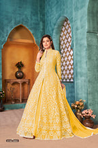 Anaita Yellow Embroidered Net Anarkali Suit | Grocsy