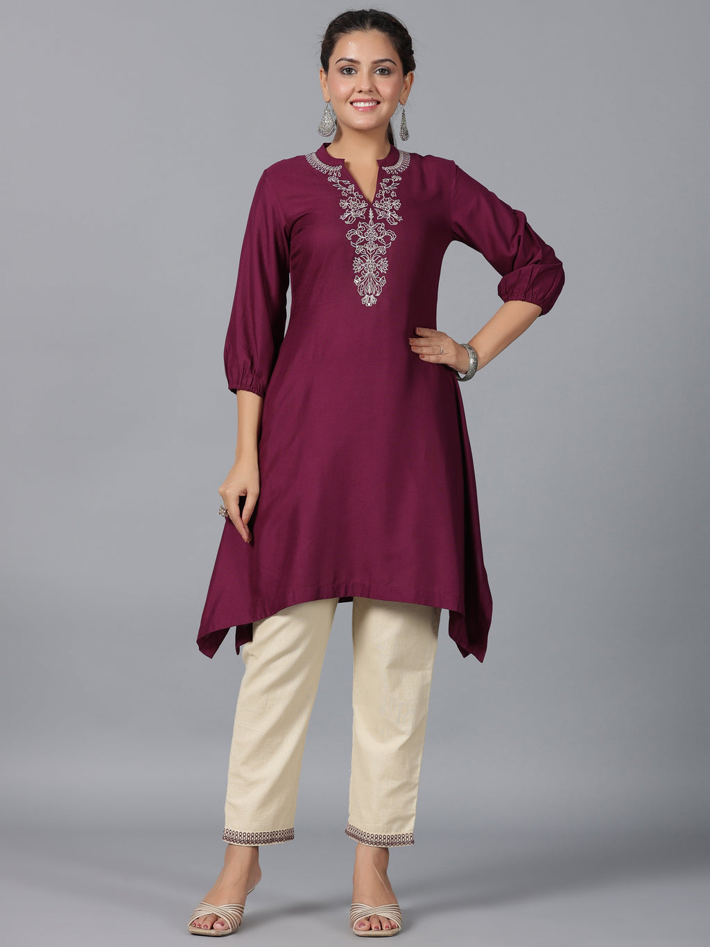 Juniper Women Maroon Rayon Embroidered Asymmetric Kurta & Pants Set | Grocsy