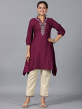 Juniper Women Maroon Rayon Embroidered Asymmetric Kurta & Pants Set | Grocsy