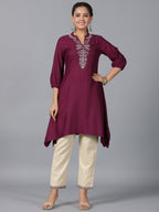 Juniper Women Maroon Rayon Embroidered Asymmetric Kurta & Pants Set | Grocsy