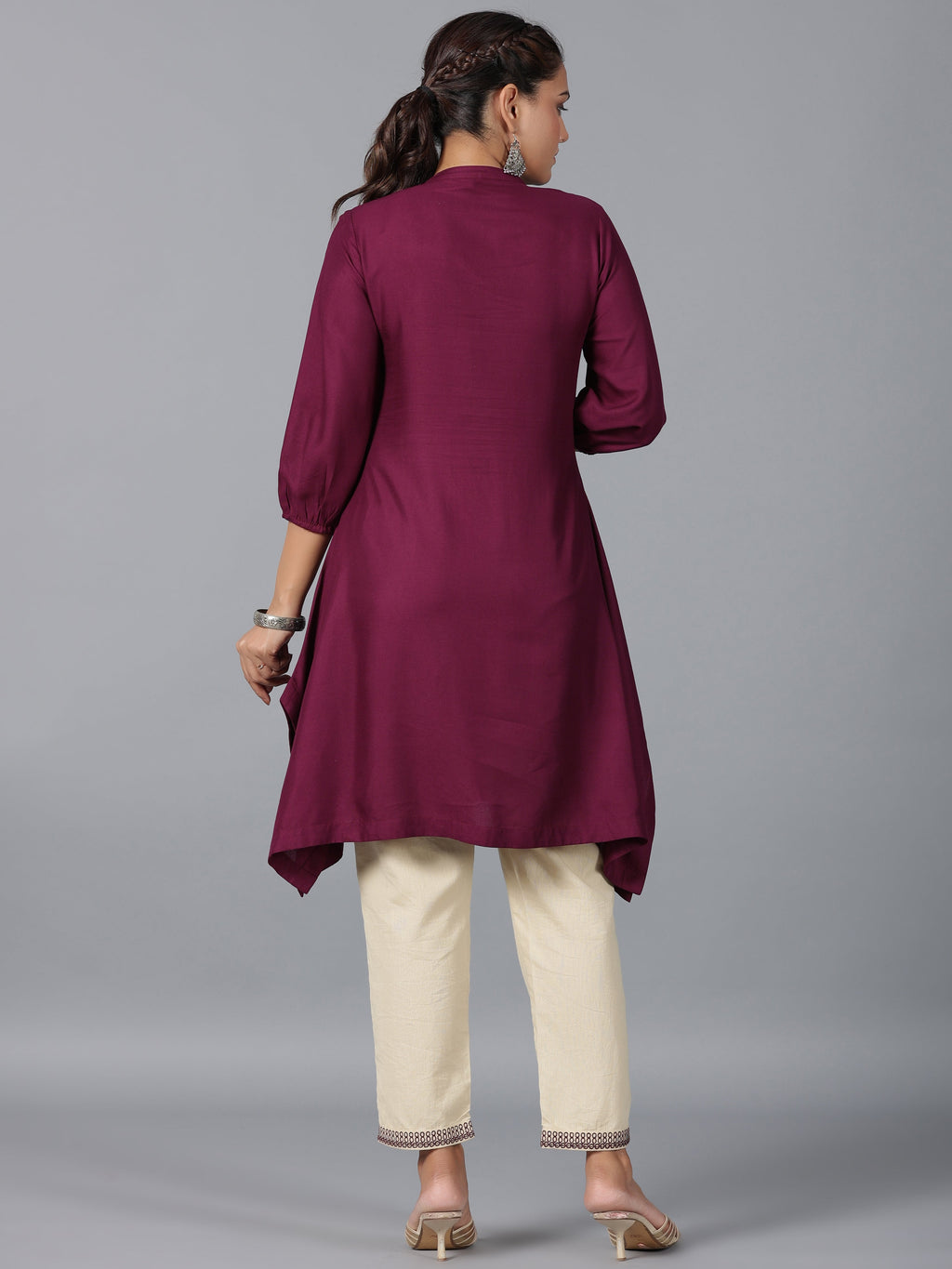 Juniper Women Maroon Rayon Embroidered Asymmetric Kurta & Pants Set | Grocsy