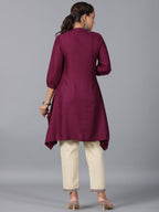 Juniper Women Maroon Rayon Embroidered Asymmetric Kurta & Pants Set | Grocsy