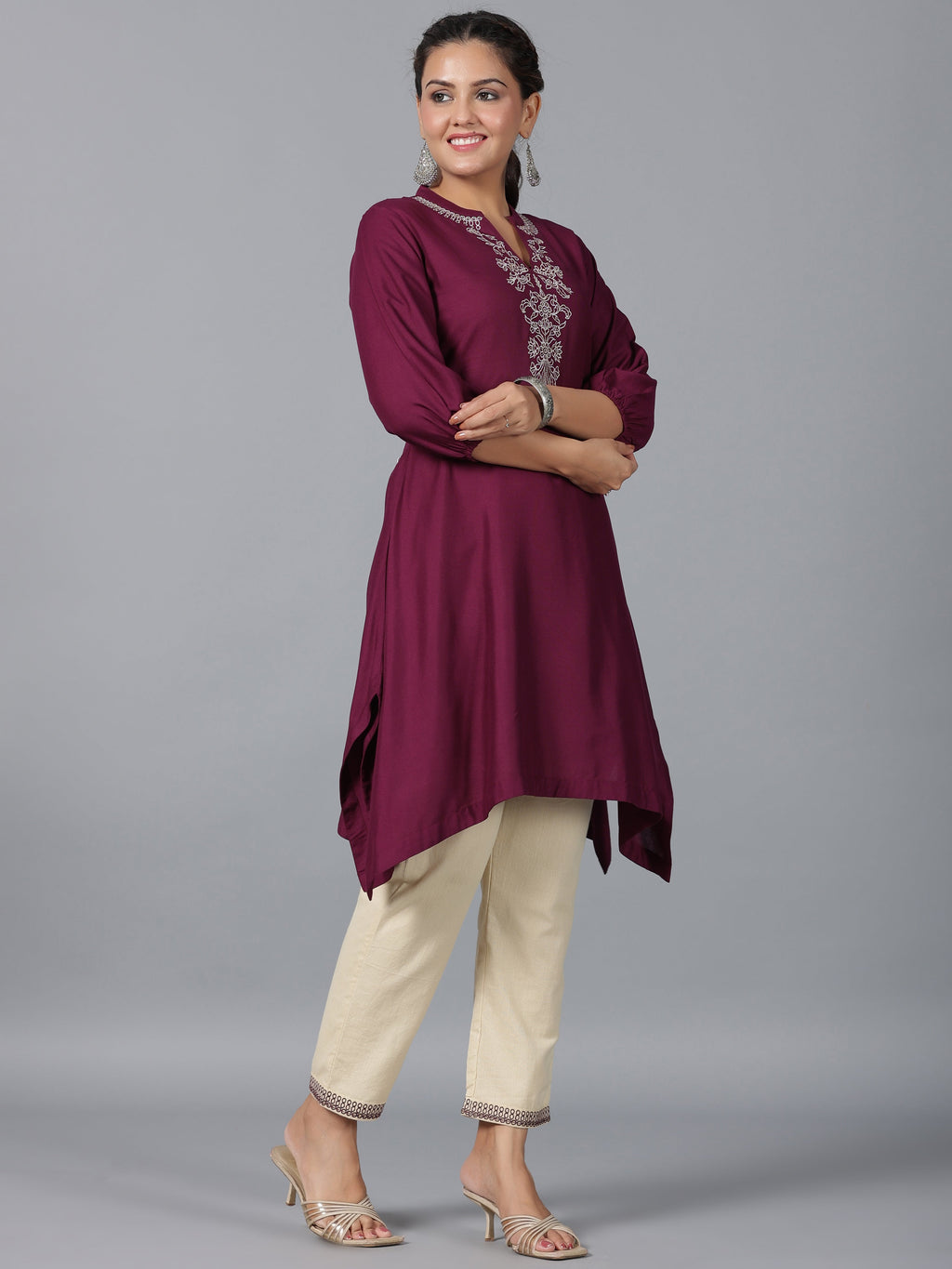 Juniper Women Maroon Rayon Embroidered Asymmetric Kurta & Pants Set | Grocsy
