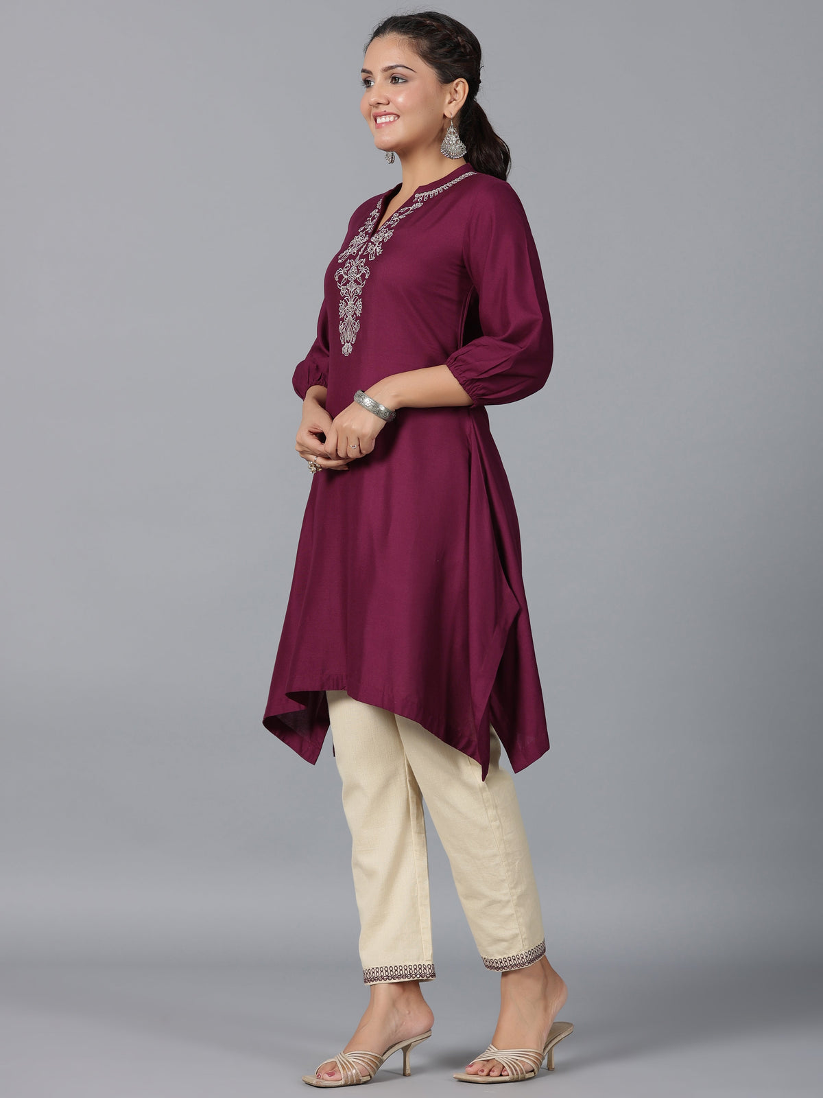 Juniper Women Maroon Rayon Embroidered Asymmetric Kurta & Pants Set | Grocsy