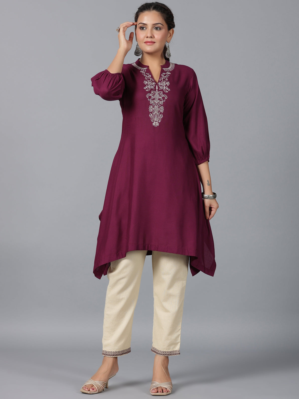 Juniper Women Maroon Rayon Embroidered Asymmetric Kurta & Pants Set | Grocsy