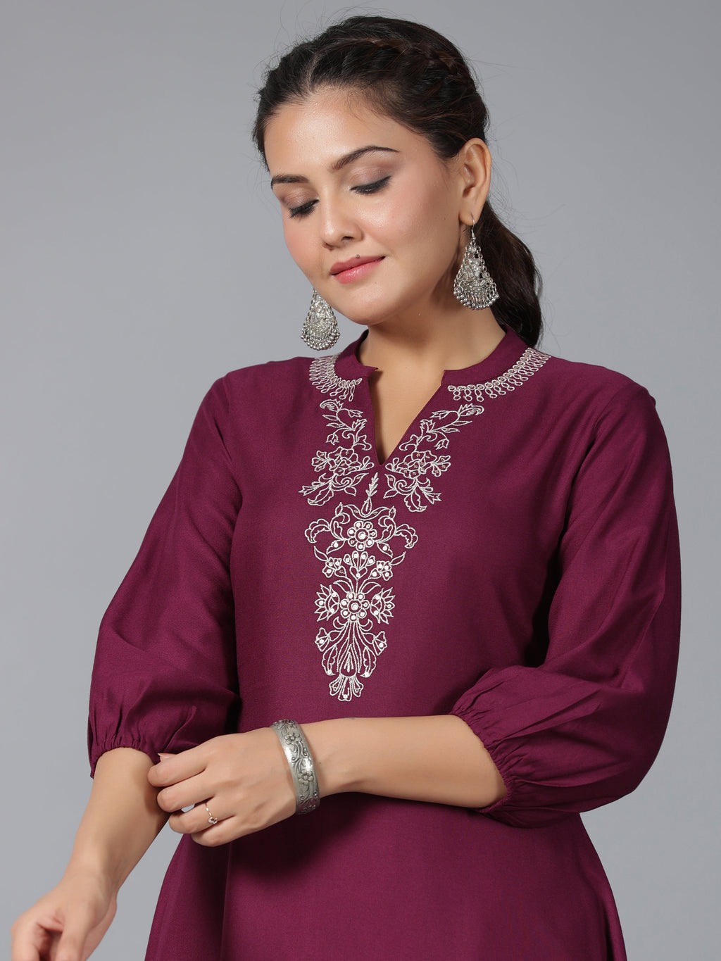 Juniper Women Maroon Rayon Embroidered Asymmetric Kurta & Pants Set | Grocsy