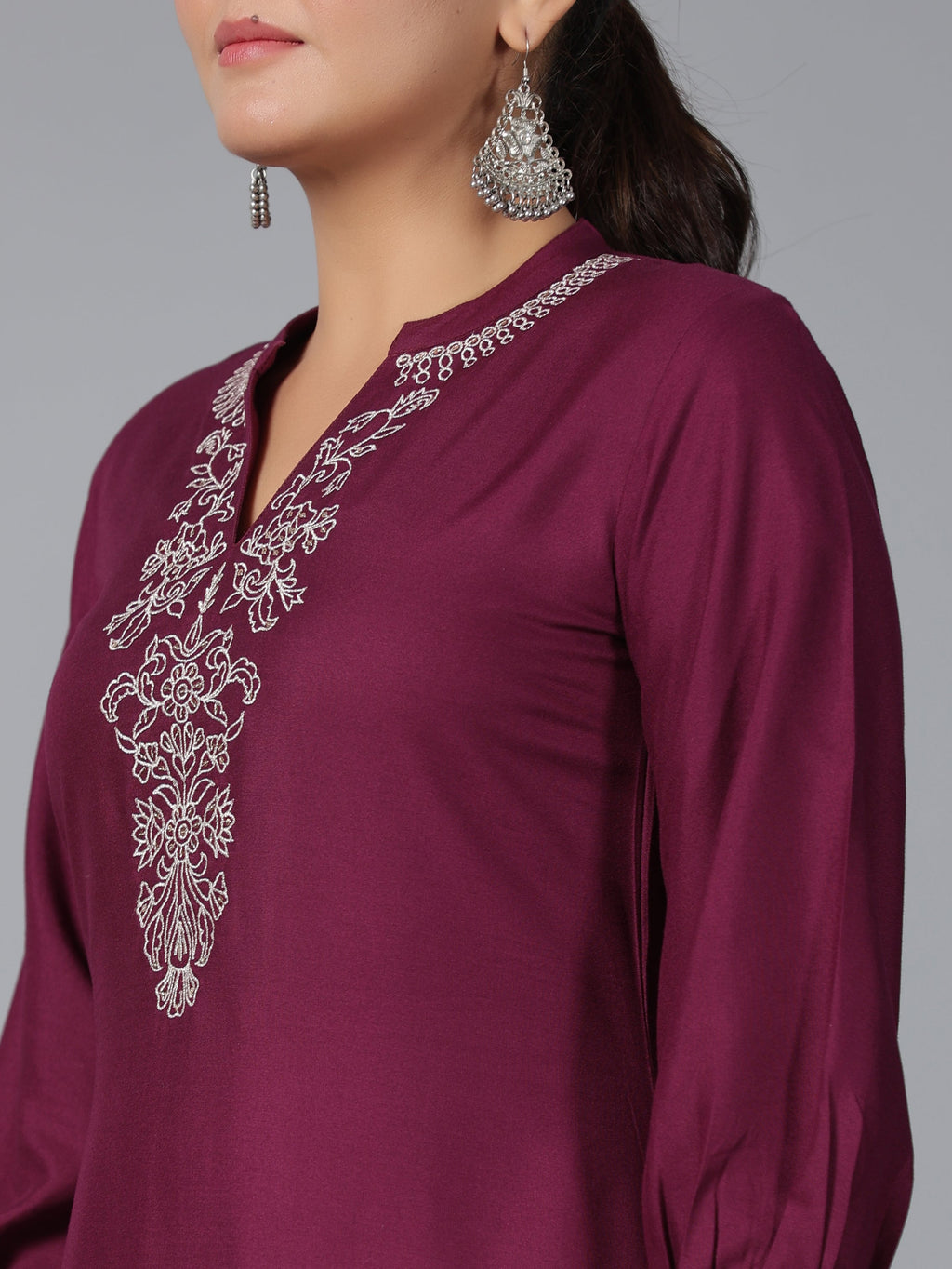 Juniper Women Maroon Rayon Embroidered Asymmetric Kurta & Pants Set | Grocsy