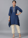 Juniper Women Navy Blue Rayon Embroidered Asymmetric Kurta & Pants Set | Grocsy