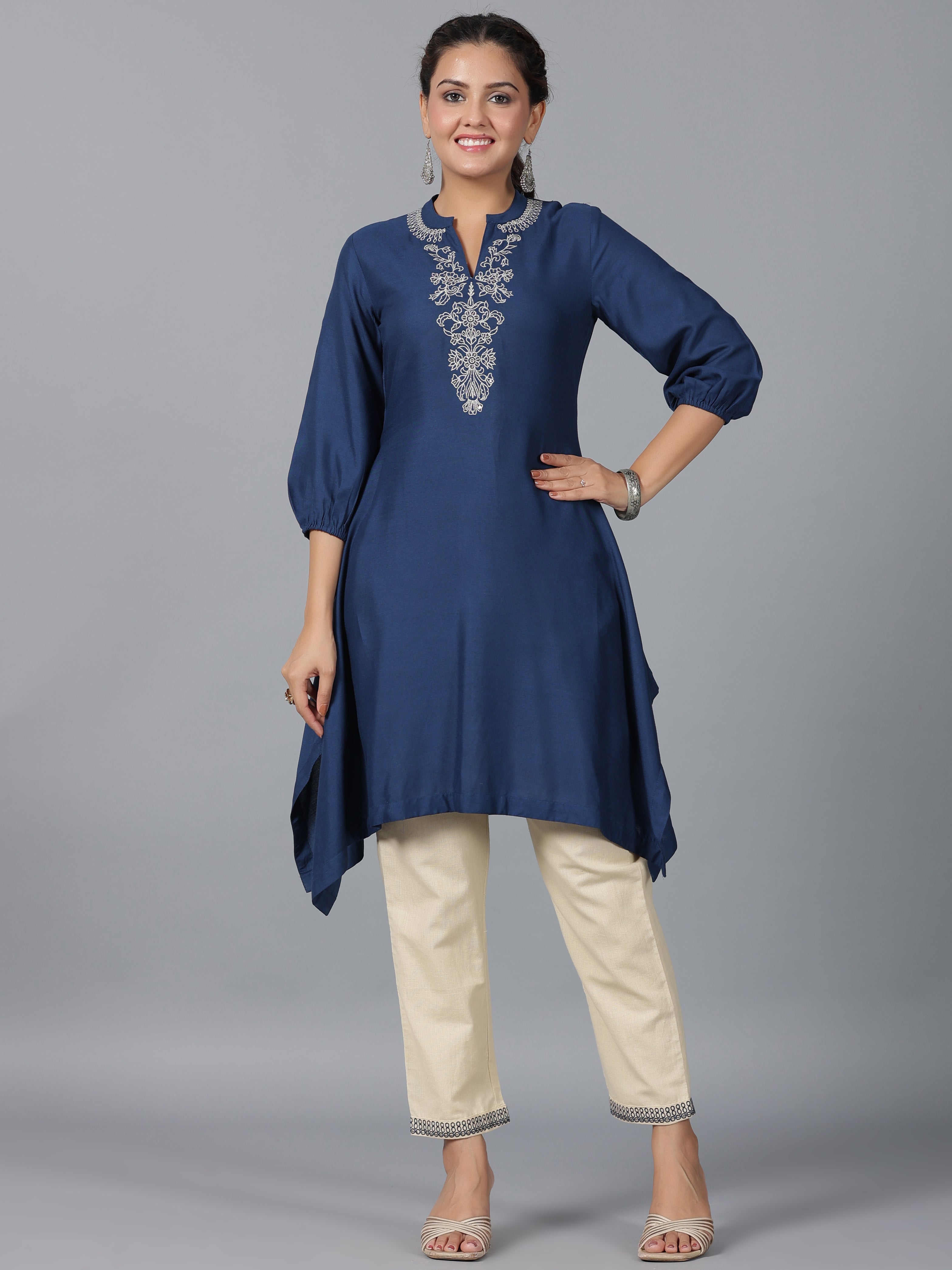 Juniper Women Navy Blue Rayon Embroidered Asymmetric Kurta & Pants Set | Grocsy