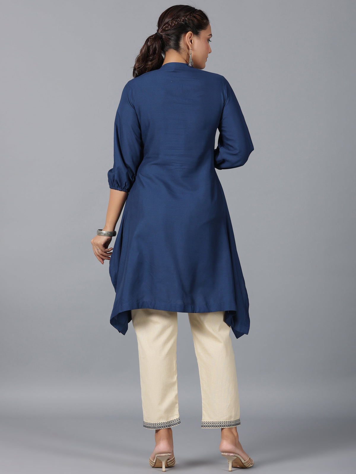 Juniper Women Navy Blue Rayon Embroidered Asymmetric Kurta & Pants Set | Grocsy