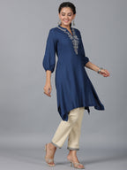 Juniper Women Navy Blue Rayon Embroidered Asymmetric Kurta & Pants Set | Grocsy