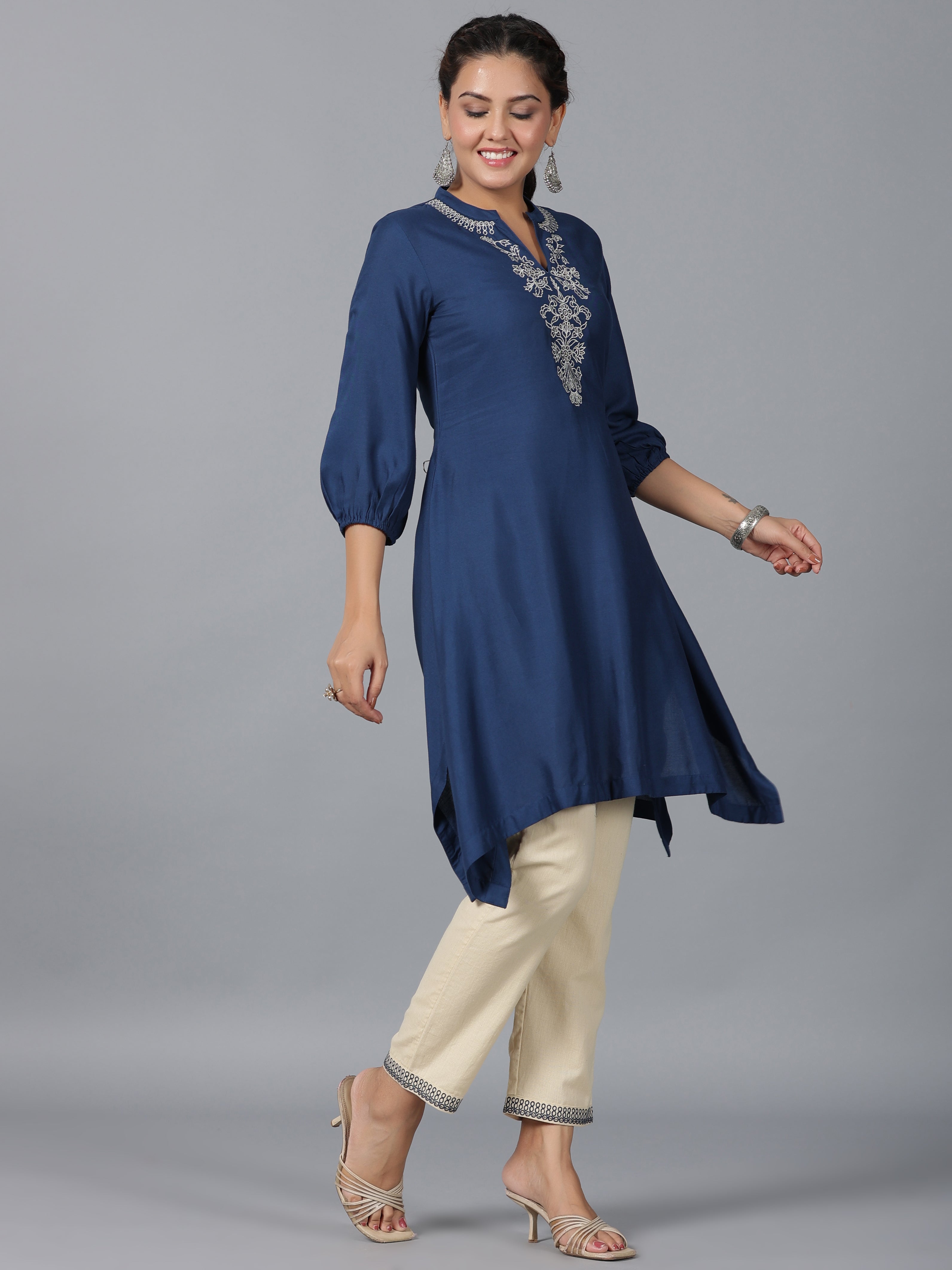Juniper Women Navy Blue Rayon Embroidered Asymmetric Kurta & Pants Set | Grocsy