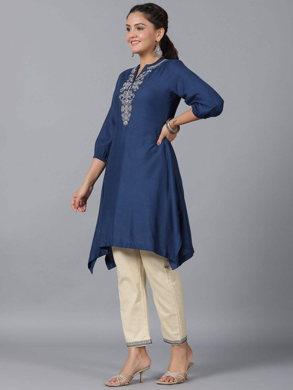 Juniper Women Navy Blue Rayon Embroidered Asymmetric Kurta & Pants Set | Grocsy
