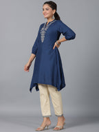 Juniper Women Navy Blue Rayon Embroidered Asymmetric Kurta & Pants Set | Grocsy