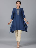 Juniper Women Navy Blue Rayon Embroidered Asymmetric Kurta & Pants Set | Grocsy