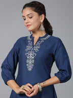 Juniper Women Navy Blue Rayon Embroidered Asymmetric Kurta & Pants Set | Grocsy
