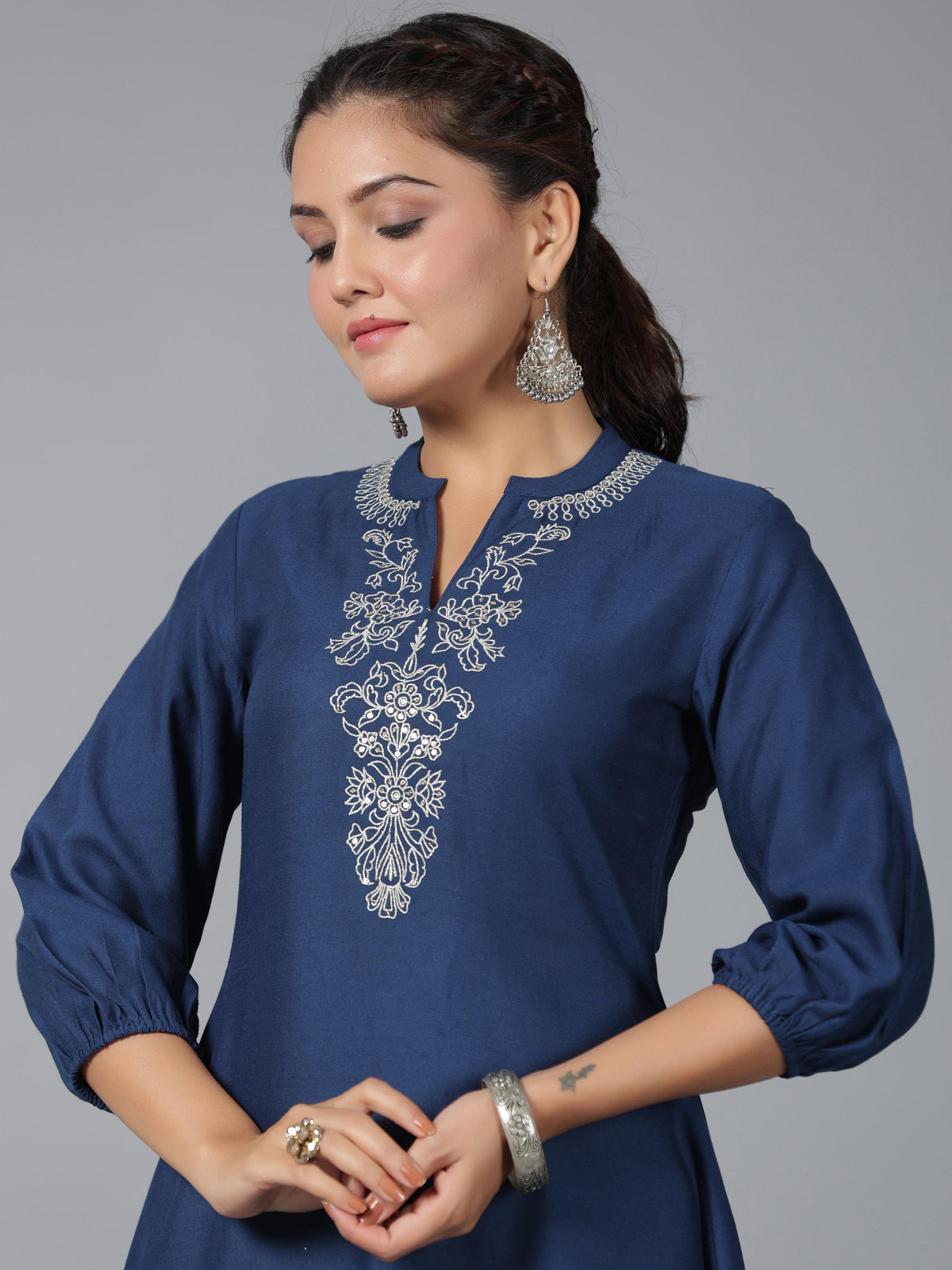 Juniper Women Navy Blue Rayon Embroidered Asymmetric Kurta & Pants Set | Grocsy