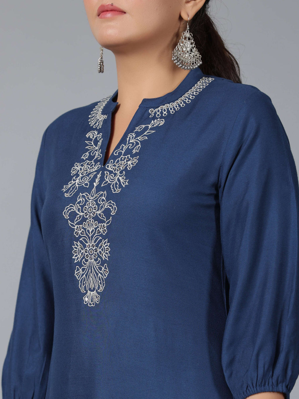 Juniper Women Navy Blue Rayon Embroidered Asymmetric Kurta & Pants Set | Grocsy