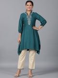 Juniper Women Teal Rayon Embroidered Asymmetric Kurta & Pants Set | Grocsy