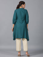 Juniper Women Teal Rayon Embroidered Asymmetric Kurta & Pants Set | Grocsy