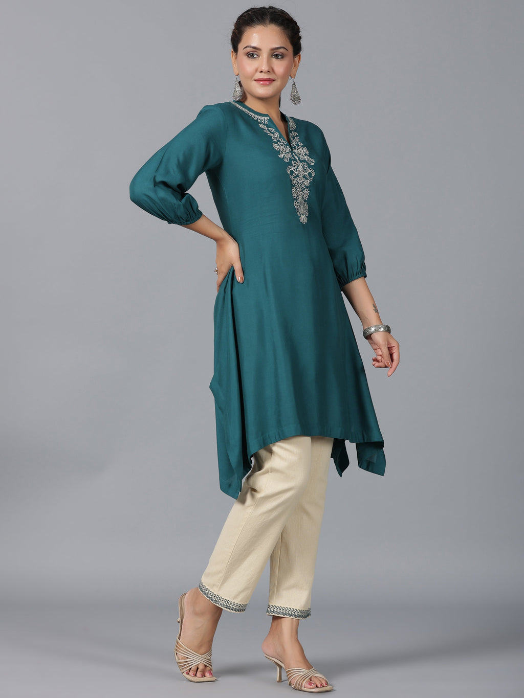 Juniper Women Teal Rayon Embroidered Asymmetric Kurta & Pants Set | Grocsy