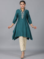Juniper Women Teal Rayon Embroidered Asymmetric Kurta & Pants Set | Grocsy
