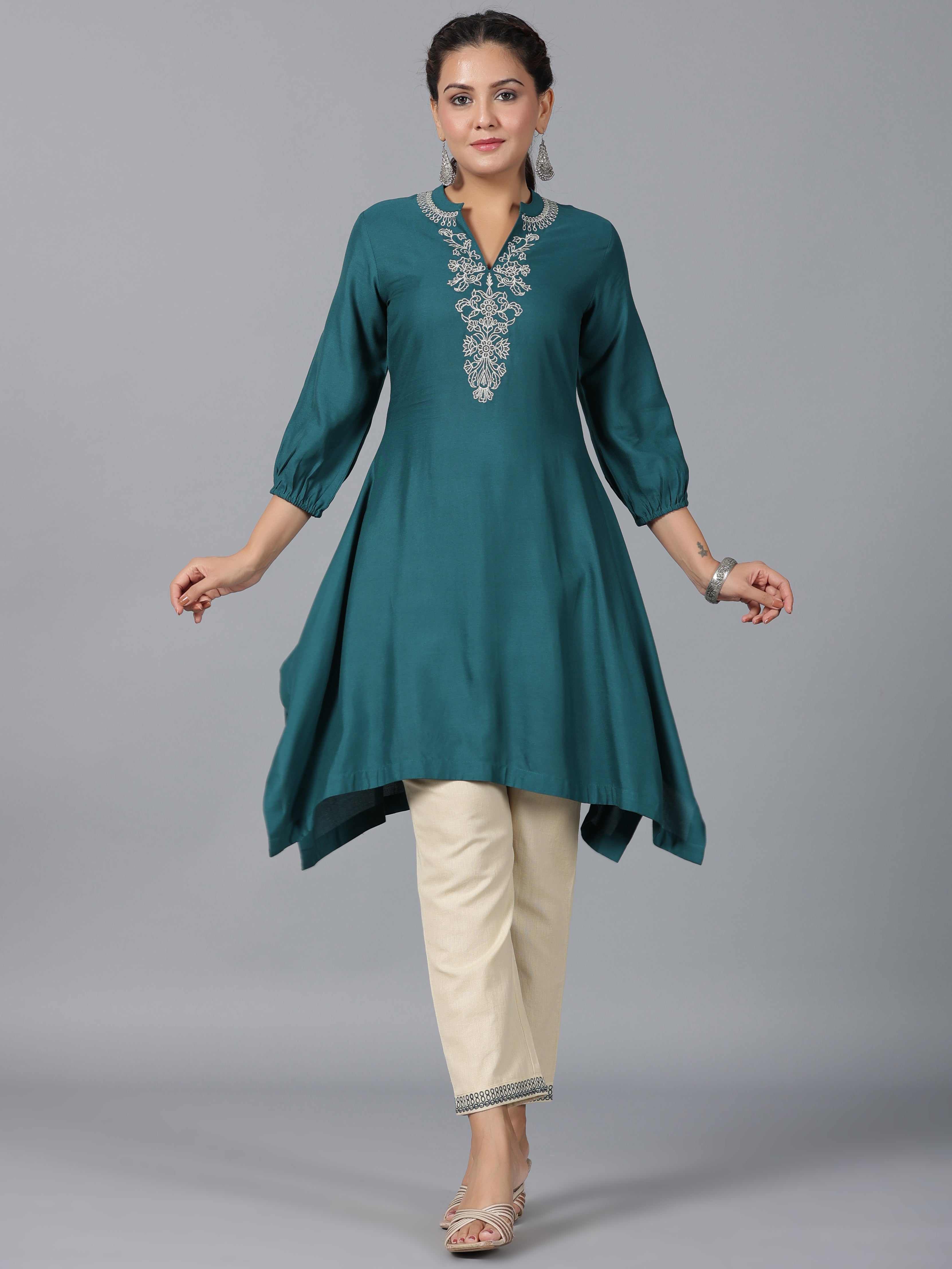 Juniper Women Teal Rayon Embroidered Asymmetric Kurta & Pants Set | Grocsy